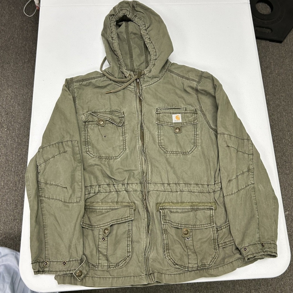 Carhartt Utility Field Jacket womans L 12/14 Olive Green Hooded Ripstop Cargo